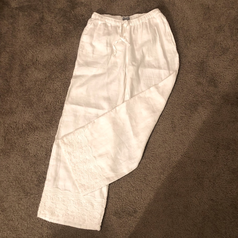 KENAR 100% White Linen Pants, Stylized Hems, Size M, Sexy Beach Vibes 🏝️